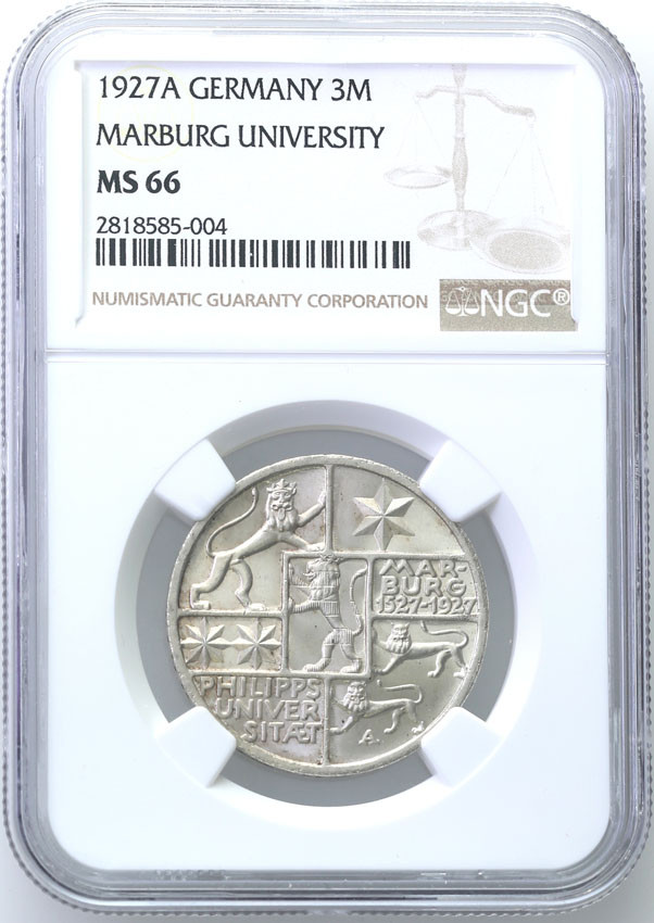 Niemcy. Weimar, 3 marki 1927 A, Uniwersytet Marburg NGC MS66 (2MAX)